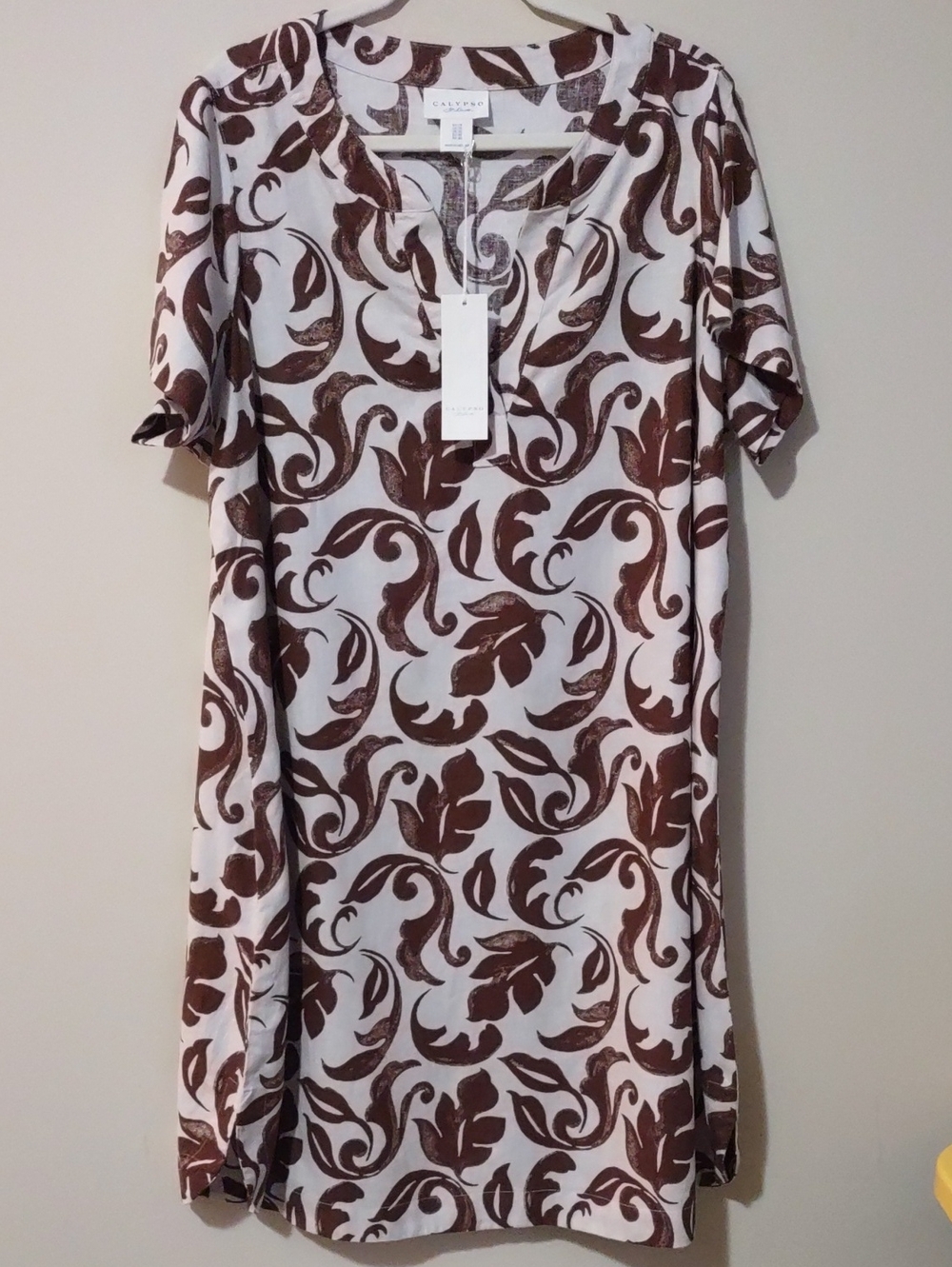 NWT Calypso St. Barth Brown Leaf Print Linen Tunic Dress 1X